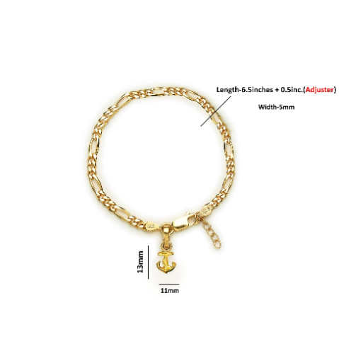 22KT gold plated 92.5% pure Sterling Silver Figaro Designer Bracelet with Ship Anchor for Girls and Women