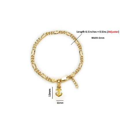 22KT gold plated 92.5% pure Sterling Silver Figaro Designer Bracelet with Ship Anchor for Girls and Women