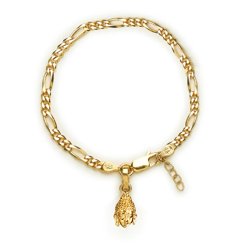22KT gold plated 92.5% pure Sterling Silver Figaro Designer Bracelet with Charm Buddha for Girls and Women
