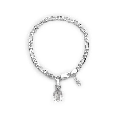 92.5% pure Sterling Silver Figaro Designer Bracelet with Charm Buddha for Girls and Women