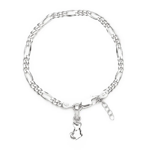 92.5% pure Sterling Silver Figaro Designer Bracelet with fashionable Cat for Girls and Women