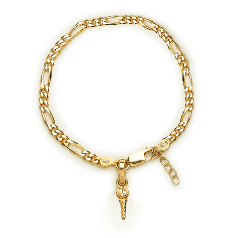 22KT gold plated 92.5% pure Sterling Silver Figaro Designer Bracelet with Hanuman Gada for Girls and Women