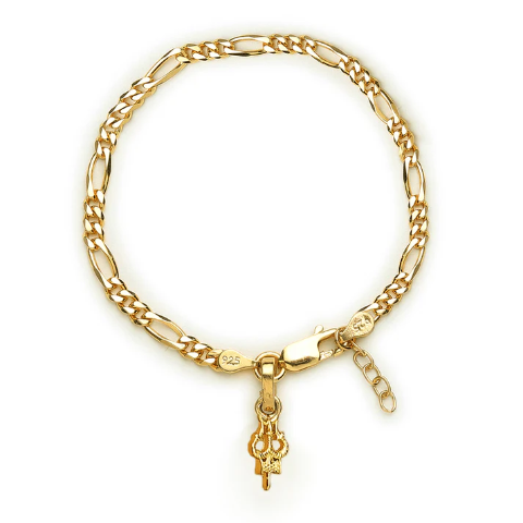 22KT gold plated 92.5% pure Sterling Silver Figaro Designer Bracelet with spiritual Trishul for Girls and Women