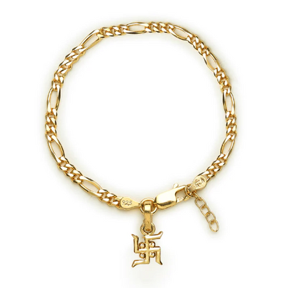 22KT gold plated 92.5% pure Sterling Silver Figaro Designer Bracelet with Charm Swastik for Girls and Women
