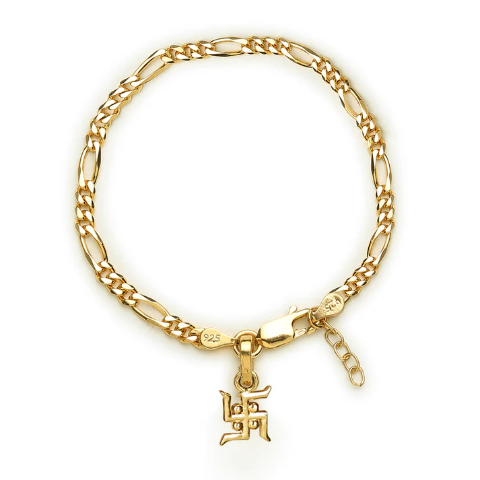 22KT gold plated 92.5% pure Sterling Silver Figaro Designer Bracelet with Charm Swastik for Girls and Women