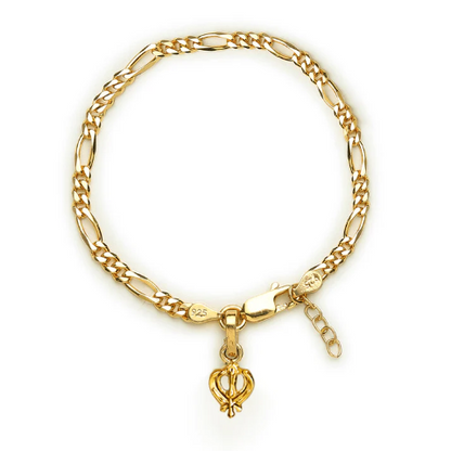 22KT gold plated 92.5% pure Sterling Silver Figaro Designer Bracelet with spiritual Sardar Symbol for Girls and Women