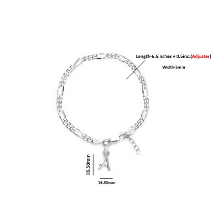 92.5% pure Sterling Silver Figaro Designer Bracelet with A Alphabet for Girls and women