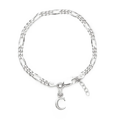 92.5% pure Sterling Silver Figaro Designer Bracelet with C Alphabet for Girls and women