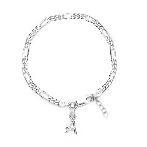 92.5% pure Sterling Silver Figaro Designer Bracelet with A Alphabet for Girls and women