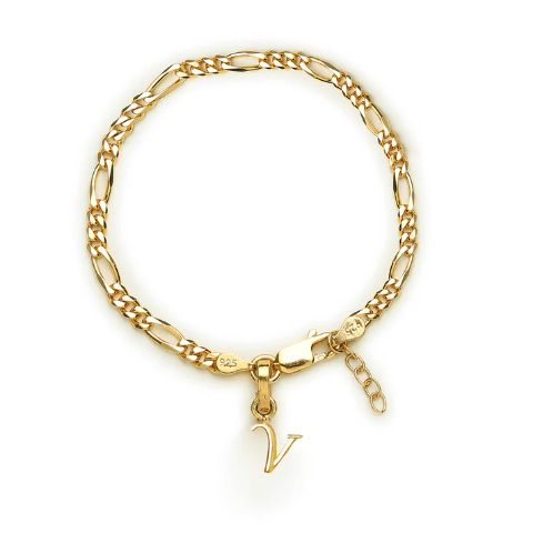 22KT gold plated 92.5% pure Sterling Silver Figaro Designer Bracelet with V Alphabet for Girls and Women