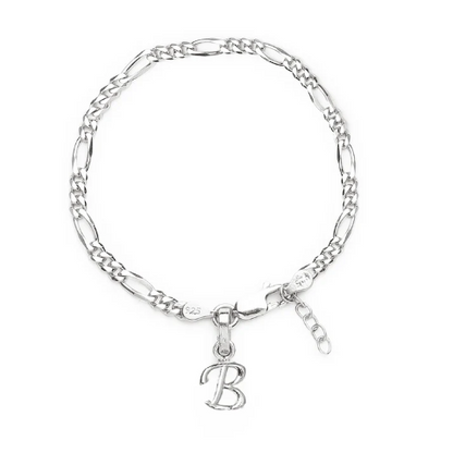 92.5% pure Sterling Silver Figaro Designer Bracelet with B Alphabet for Girls and women