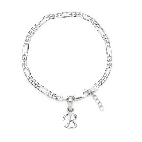 92.5% pure Sterling Silver Figaro Designer Bracelet with B Alphabet for Girls and women