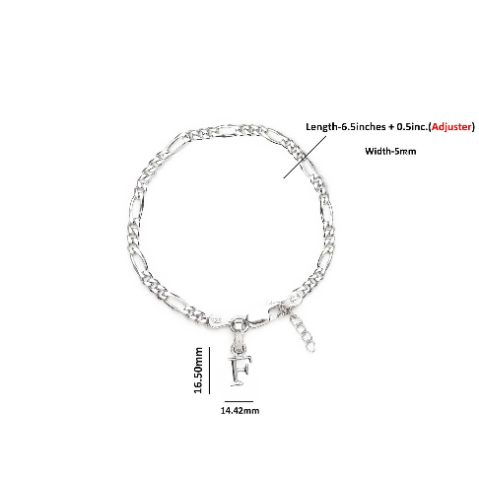 92.5% pure Sterling Silver Figaro Designer Bracelet with F Alphabet for Girls and women