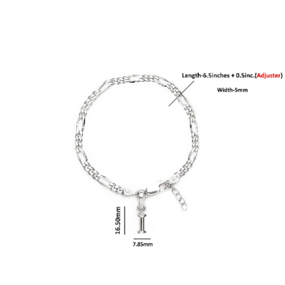 92.5% pure Sterling Silver Figaro Designer Bracelet with I Alphabet for Girls and women