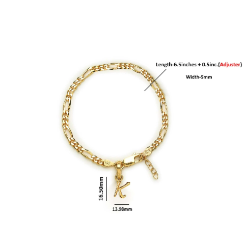 22KT gold plated 92.5% pure Sterling Silver Figaro Designer Bracelet with K Alphabet for Girls and Women