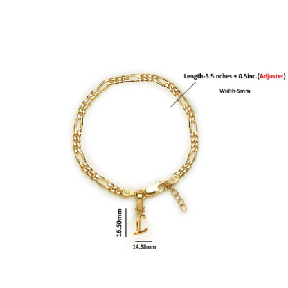 22KT gold plated 92.5% pure Sterling Silver Figaro Designer Bracelet with L Alphabet for Girls and Women