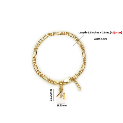 22KT gold plated 92.5% pure Sterling Silver Figaro Designer Bracelet with M Alphabet for Girls and Women