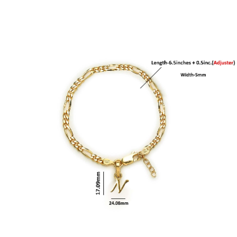 22KT gold plated 92.5% pure Sterling Silver Figaro Designer Bracelet with N Alphabet for Girls and Women