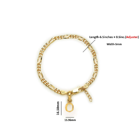 22KT gold plated 92.5% pure Sterling Silver Figaro Designer Bracelet with O Alphabet for Girls and Women