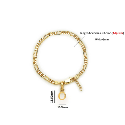 22KT gold plated 92.5% pure Sterling Silver Figaro Designer Bracelet with O Alphabet for Girls and Women
