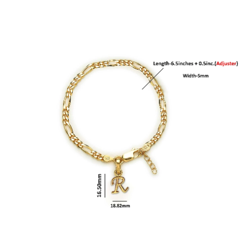 22KT gold plated 92.5% pure Sterling Silver Figaro Designer Bracelet with R Alphabet for Girls and Women