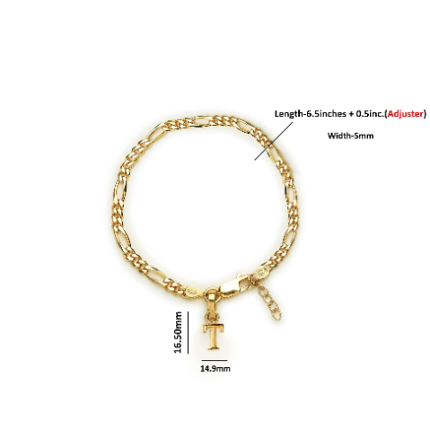 22KT gold plated 92.5% pure Sterling Silver Figaro Designer Bracelet with T Alphabet for Girls and Women