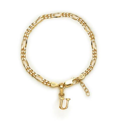 22KT gold plated 92.5% pure Sterling Silver Figaro Designer Bracelet with U Alphabet for Girls and Women