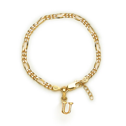 22KT gold plated 92.5% pure Sterling Silver Figaro Designer Bracelet with U Alphabet for Girls and Women