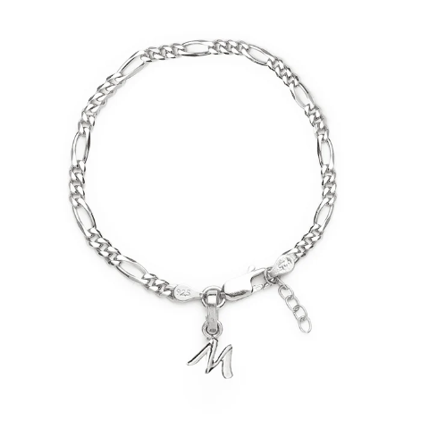92.5% pure Sterling Silver Figaro Designer Bracelet with M Alphabet for Girls and women