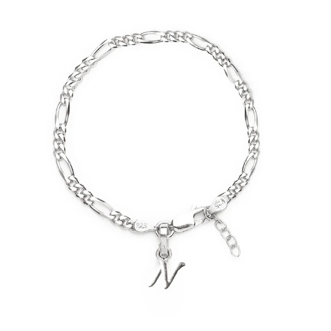 92.5% pure Sterling Silver Figaro Designer Bracelet with N Alphabet for Girls and women