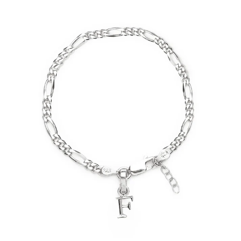 92.5% pure Sterling Silver Figaro Designer Bracelet with F Alphabet for Girls and women