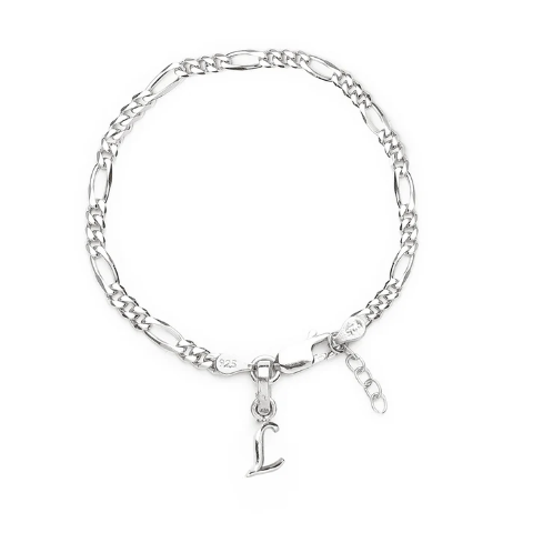 92.5% pure Sterling Silver Figaro Designer Bracelet with L Alphabet for Girls and women