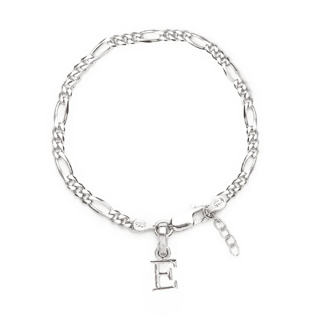 92.5% pure Sterling Silver Figaro Designer Bracelet with E Alphabet for Girls and women