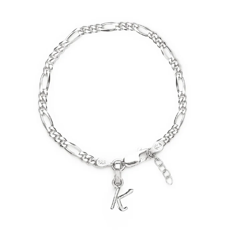92.5% pure Sterling Silver Figaro Designer Bracelet with K Alphabet for Girls and women