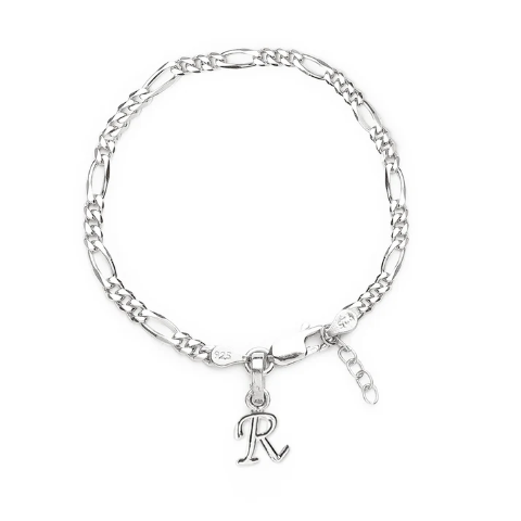 92.5% pure Sterling Silver Figaro Designer Bracelet with R Alphabet for Girls and women
