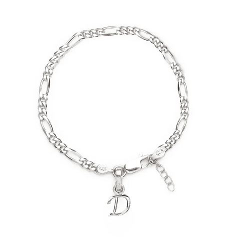 92.5% pure Sterling Silver Figaro Designer Bracelet with D Alphabet for Girls and women