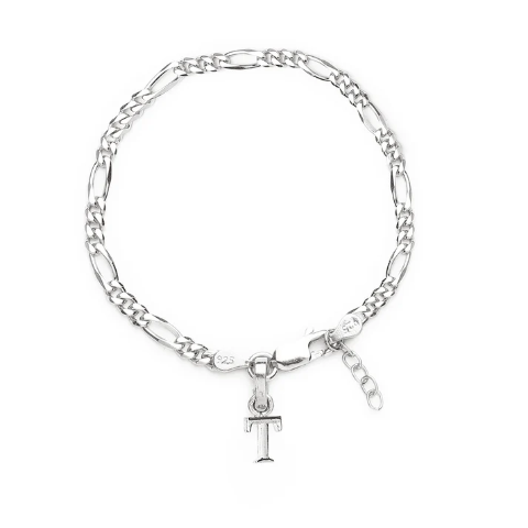 92.5% pure Sterling Silver Figaro Designer Bracelet with T Alphabet for Girls and women