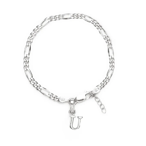 92.5% pure Sterling Silver Figaro Designer Bracelet with U Alphabet for Girls and women