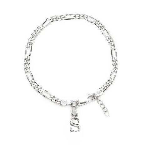 92.5% pure Sterling Silver Figaro Designer Bracelet with S Alphabet for Girls and women