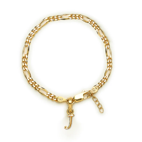 22KT gold plated 92.5% pure Sterling Silver Figaro Designer Bracelet with J Alphabet for Girls and Women
