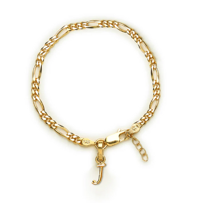 22KT gold plated 92.5% pure Sterling Silver Figaro Designer Bracelet with J Alphabet for Girls and Women