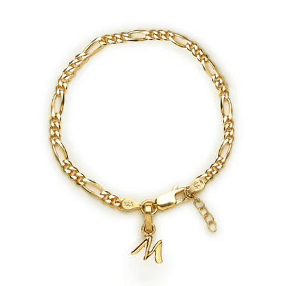 22KT gold plated 92.5% pure Sterling Silver Figaro Designer Bracelet with M Alphabet for Girls and Women