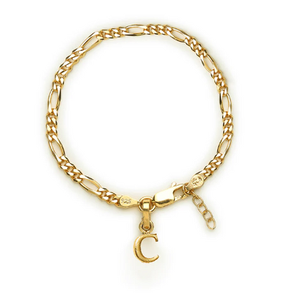 22KT gold plated 92.5% pure Sterling Silver Figaro Designer Bracelet with C Alphabet for Girls and Women