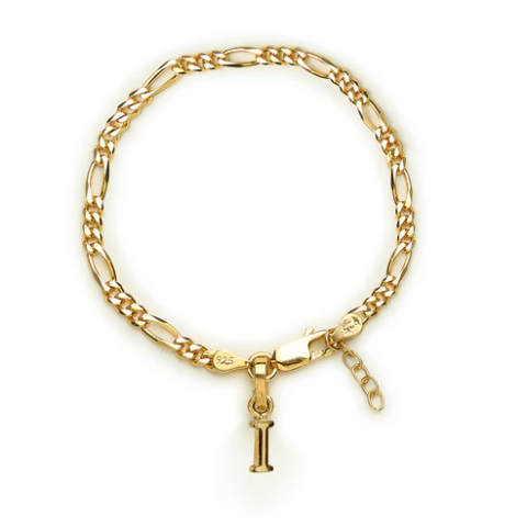 22KT gold plated 92.5% pure Sterling Silver Figaro Designer Bracelet with I Alphabet for Girls and Women