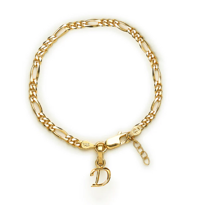 22KT gold plated 92.5% pure Sterling Silver Figaro Designer Bracelet with D Alphabet for Girls and Women