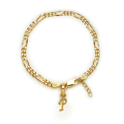 22KT gold plated 92.5% pure Sterling Silver Figaro Designer Bracelet with P Alphabet for Girls and Women