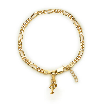 22KT gold plated 92.5% pure Sterling Silver Figaro Designer Bracelet with P Alphabet for Girls and Women