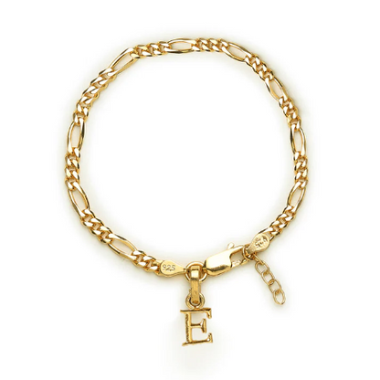 22KT gold plated 92.5% pure Sterling Silver Figaro Designer Bracelet with E Alphabet for Girls and Women