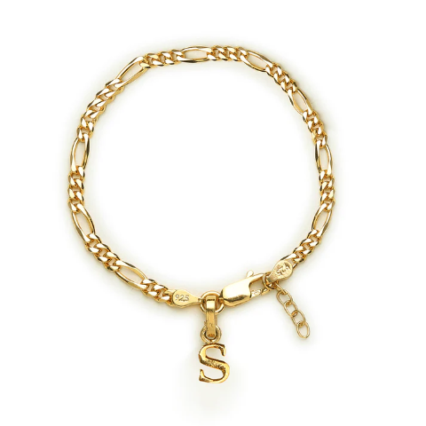 22KT gold plated 92.5% pure Sterling Silver Figaro Designer Bracelet with S Alphabet for Girls and Women