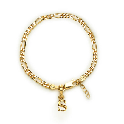 22KT gold plated 92.5% pure Sterling Silver Figaro Designer Bracelet with S Alphabet for Girls and Women